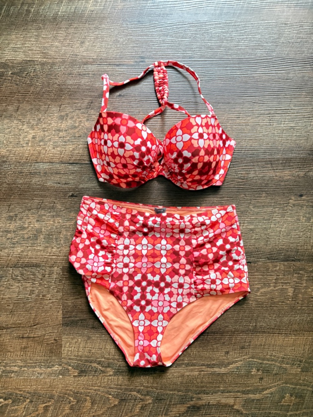 AERIE swim suit bikini red geometric retro floral push up 36D pin up sz L NWOT